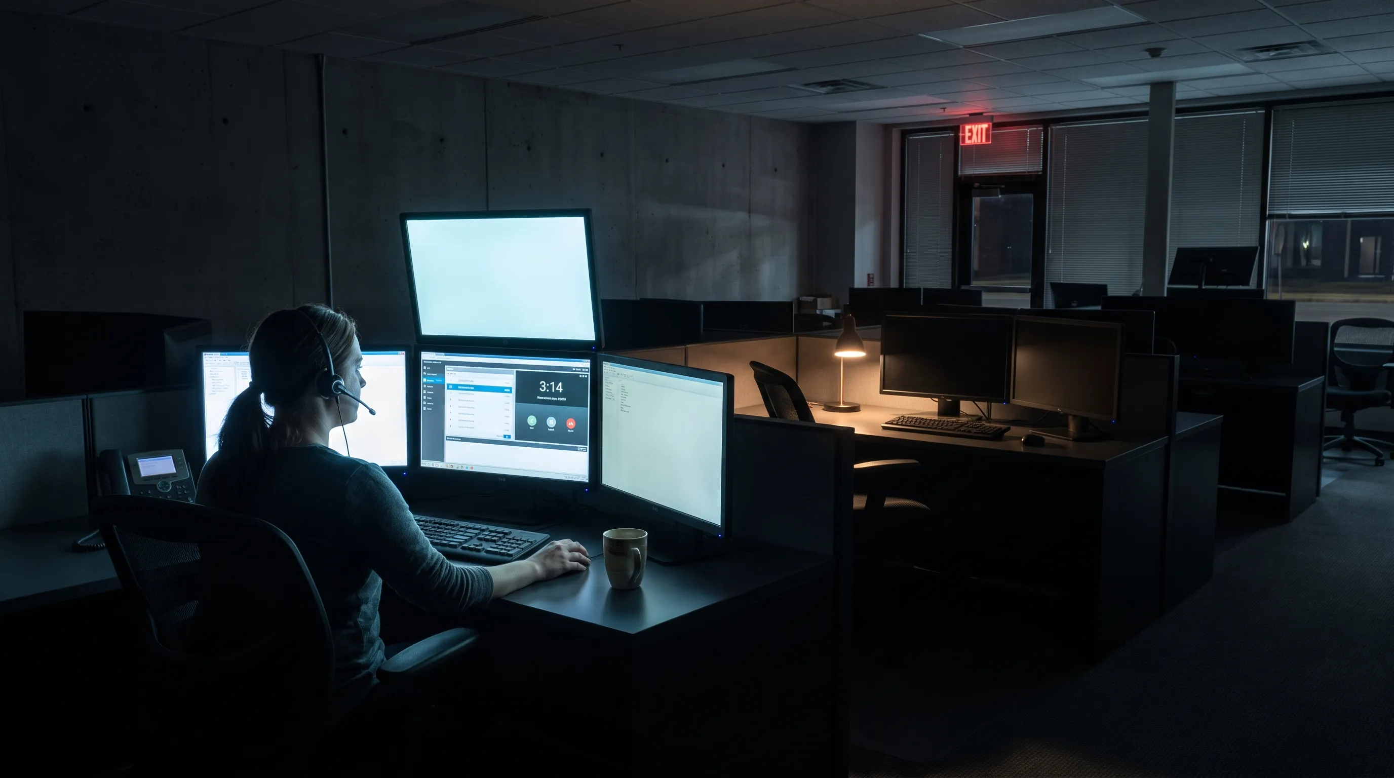 Operadora telefónica sola en un centro de atención nocturno, iluminada por la pantalla de una consola de llamadas.