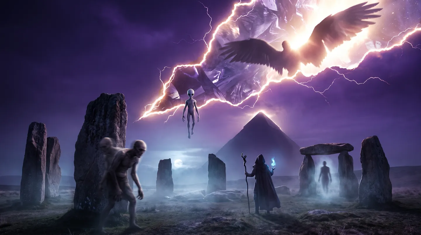 Un círculo de piedra bajo un portal de tormenta, con una pirámide y varias entidades entre las sombras.