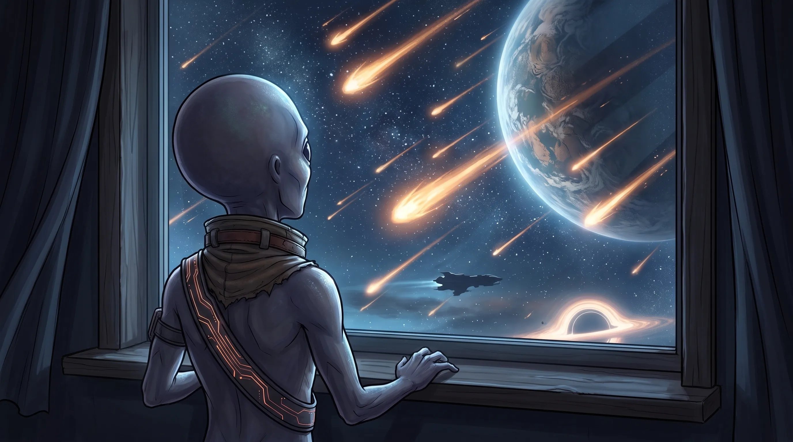 El Quantum Alien, de espaldas, observa una lluvia de meteoritos y un planeta desde su ventana.