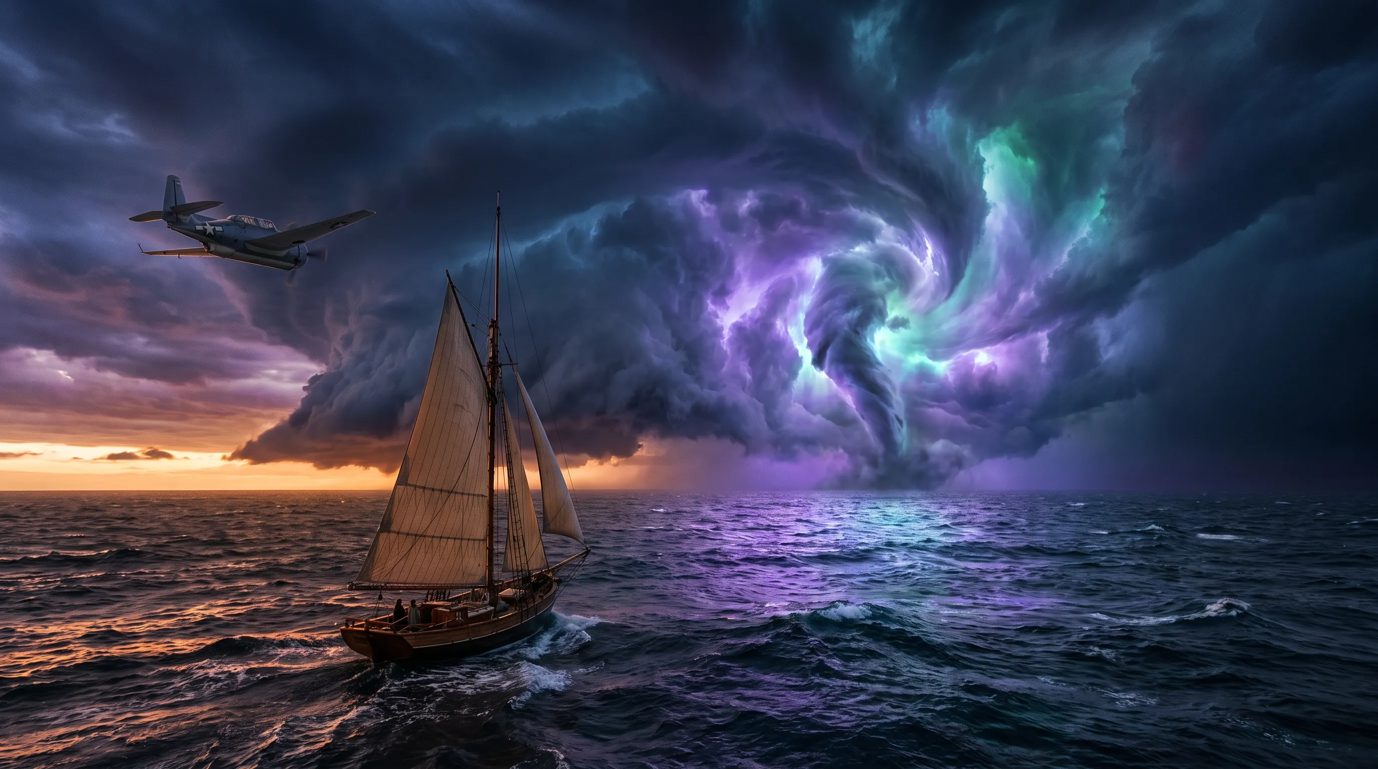 Un velero y un bombardero-torpedo frente a una tormenta descomunal con un vórtice de colores imposibles en el centro.